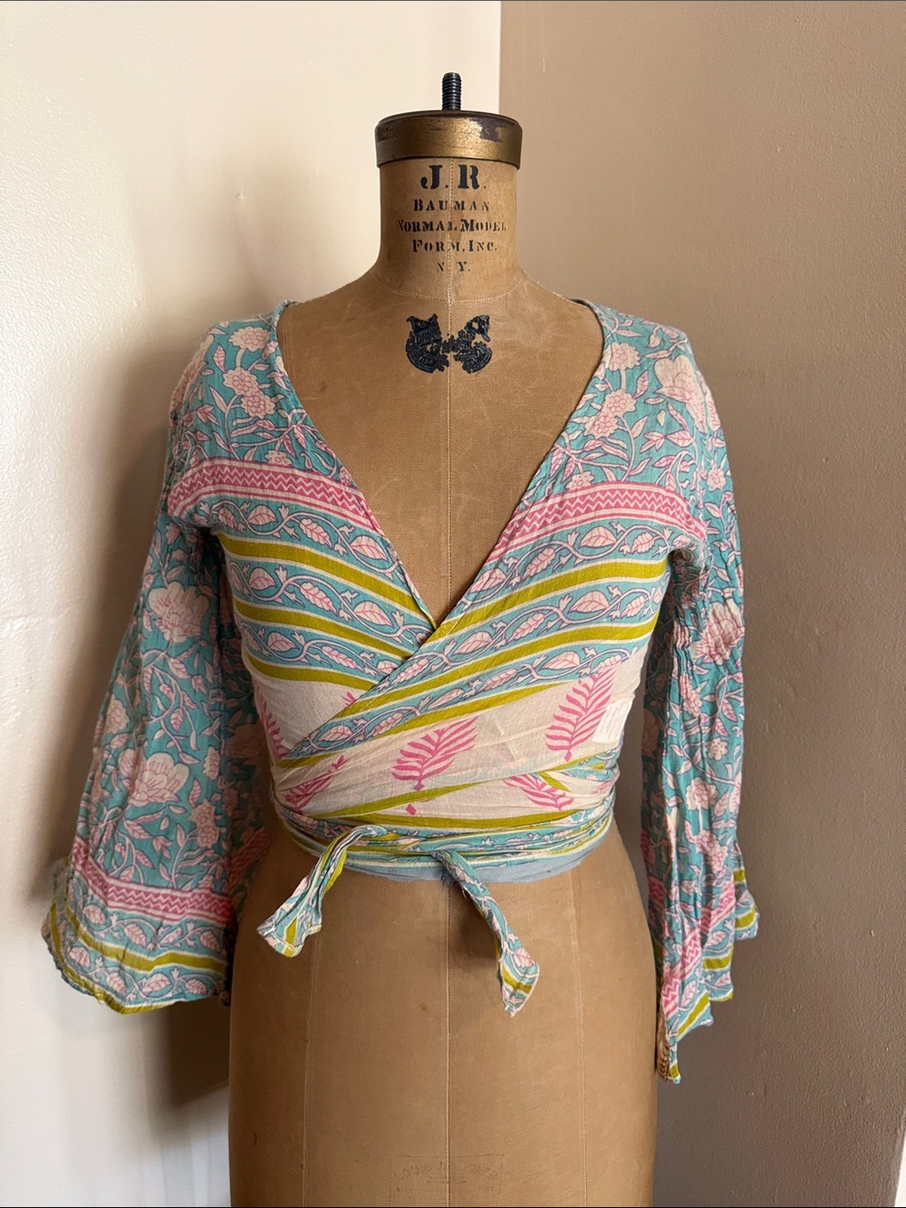 Karma Highway 100% Cotton Gauze Block Print Wrap Top Bell Sleeve One Size